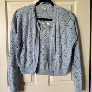 Floral Blue Cardigan Sweater and shell